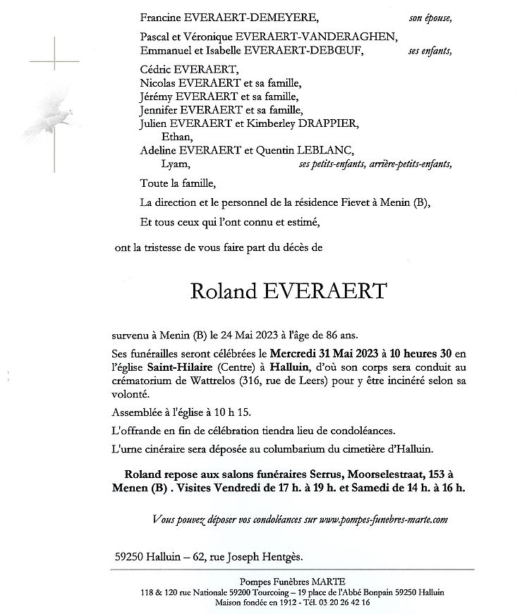 EVERAERT Roland Faire part