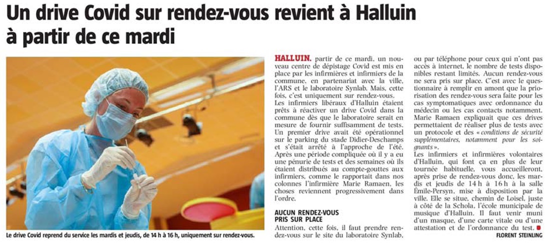 20201006 Drive Covid Halluin VdN revue de presse